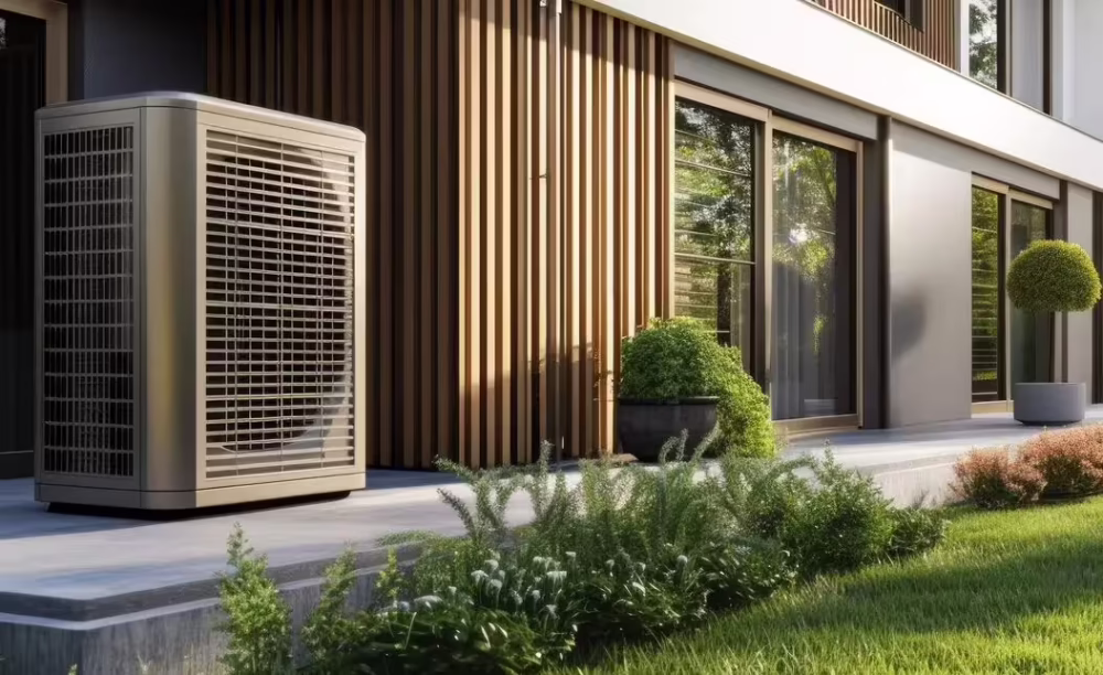 Heat pump located near a contemporary residence. large copyspace