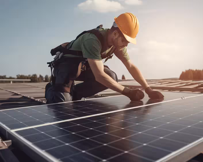 Ein Solarteur montiert ein Solarmodul