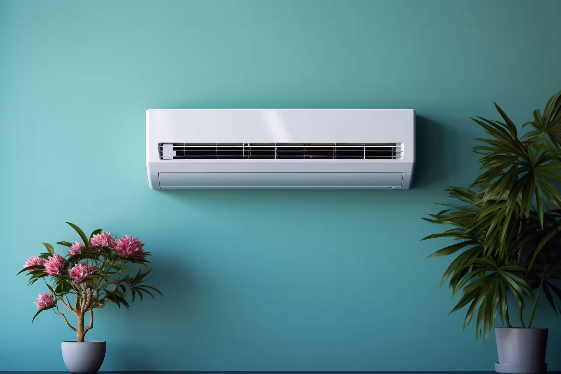 Klimaanlage an einer Wand umrahmt von Blumen